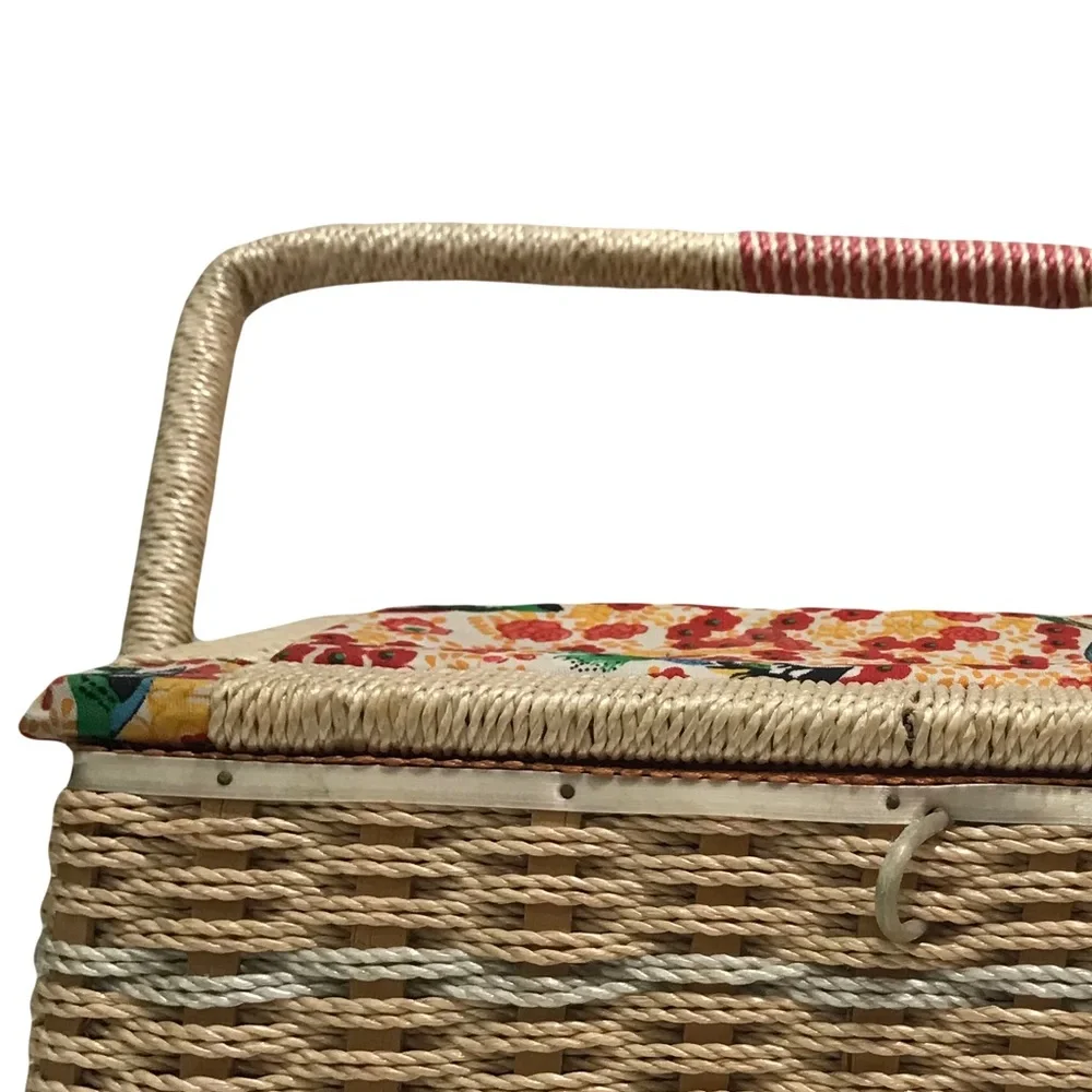 Vintage Birds & Floral Woven Wicker Sewing Basket